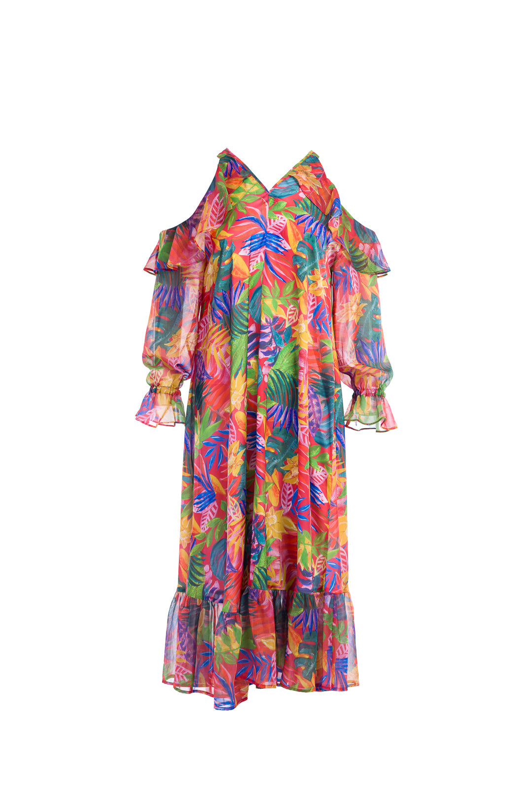 Off-shoulder dress with ruffles in tropic orange Off-shoulder dress with ruffles in tropic orange