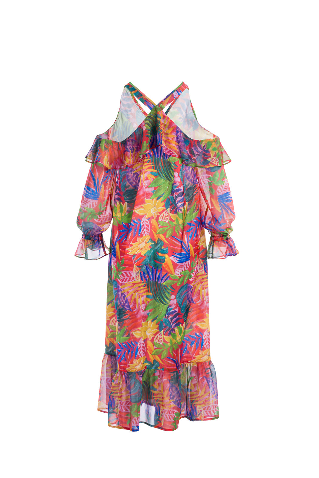 Off-shoulder dress with ruffles in tropic orange Off-shoulder dress with ruffles in tropic orange