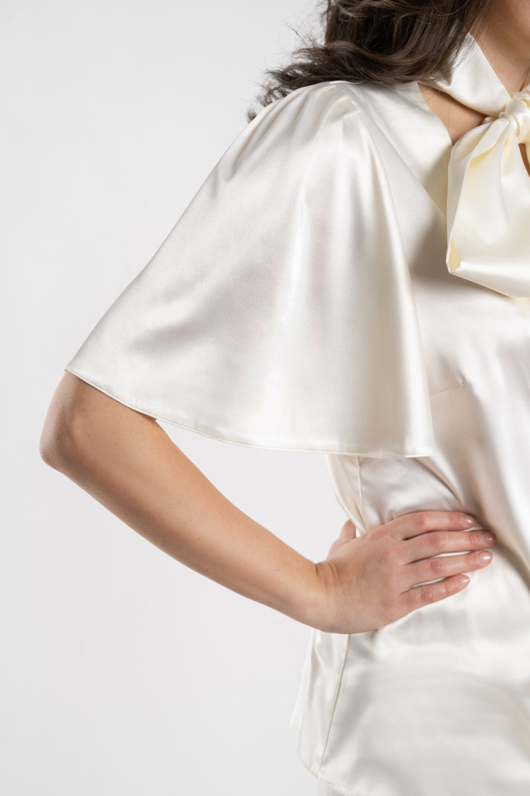 Satin blouse short sleeves with a ribbon Satin blouse short sleeves with a ribbon