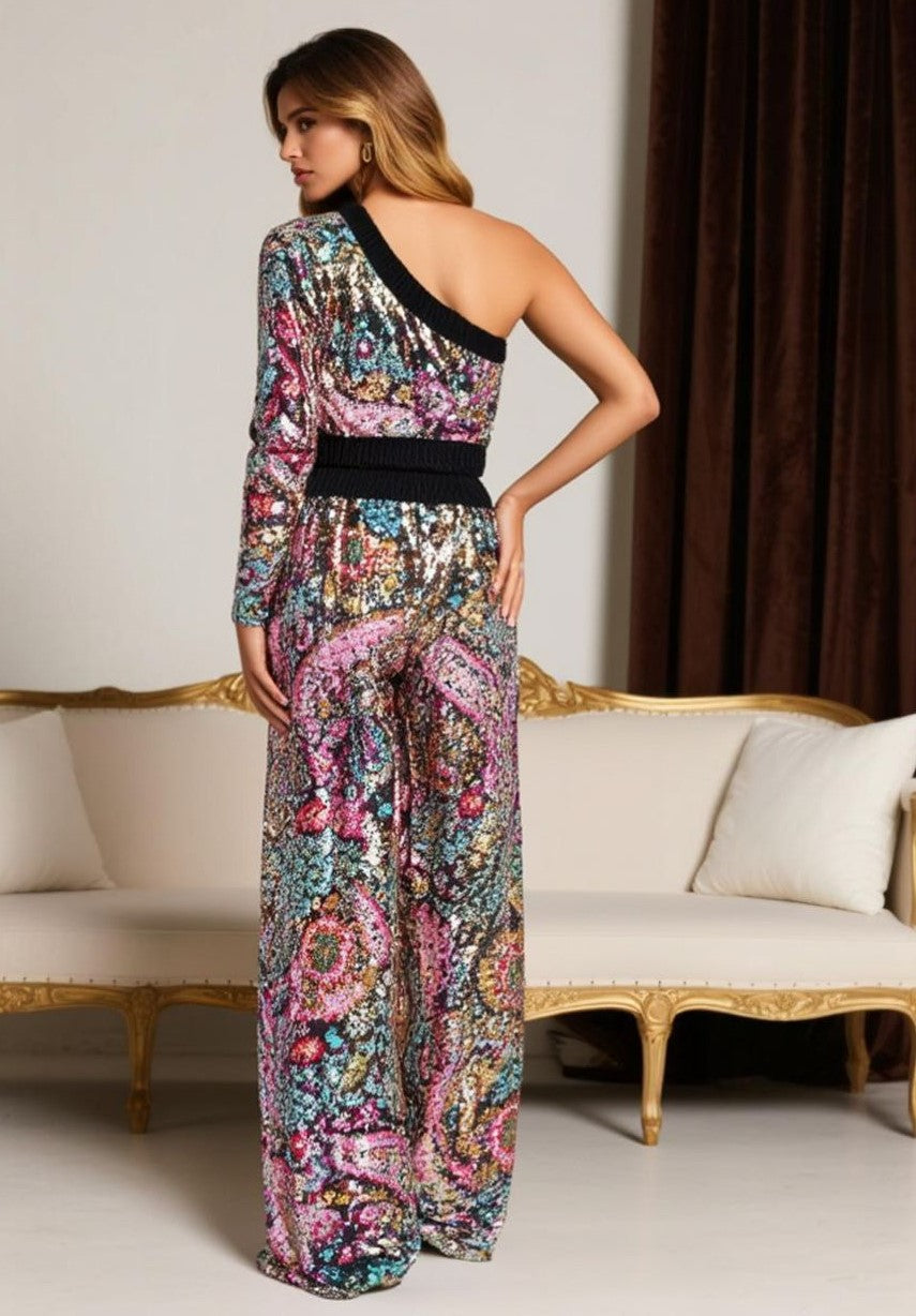 Топ с едно рамо на цветни пайети Топ с едно рамо на цветни пайети