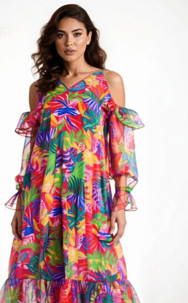 Off-shoulder dress with ruffles in tropic orange Off-shoulder dress with ruffles in tropic orange