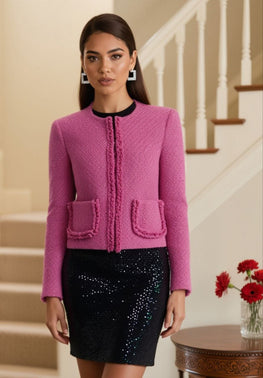 Boucle coat in dark pink with long sleeves
