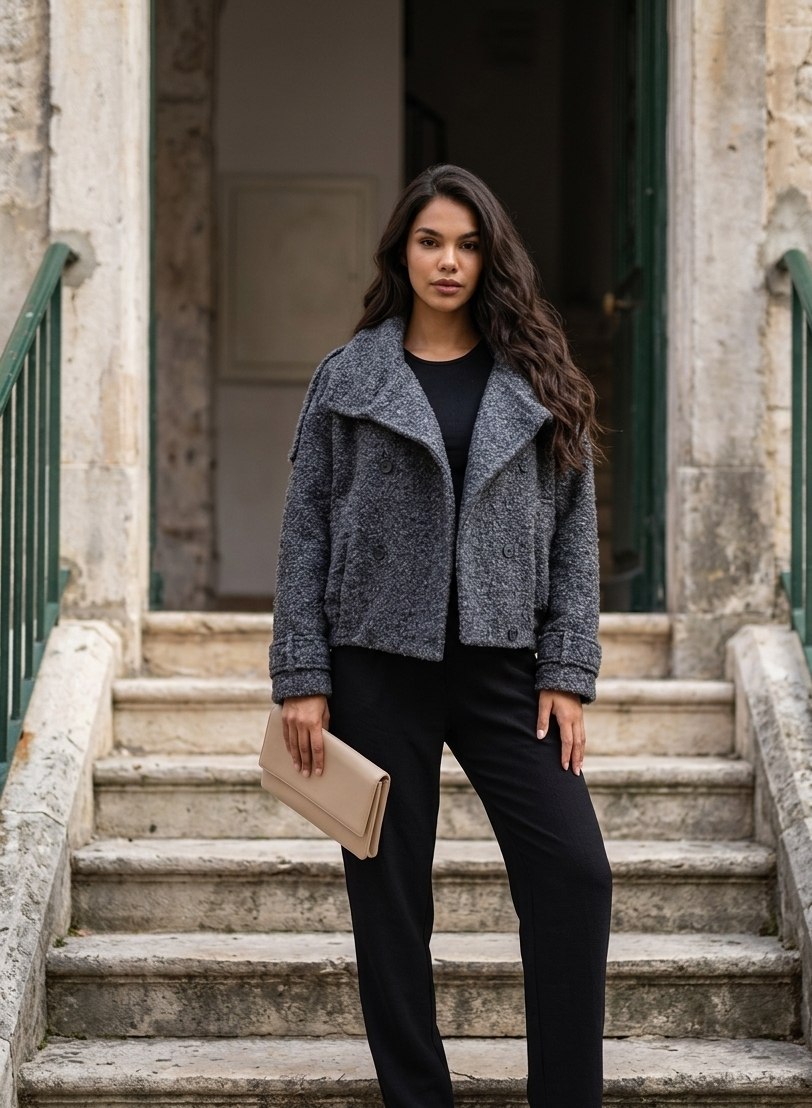 Grey Bouclé Wool Coat A woman stands on stone stairs wearing a textured gray cropped jacket over a black top and black pants, holding a beige clutch bag.
