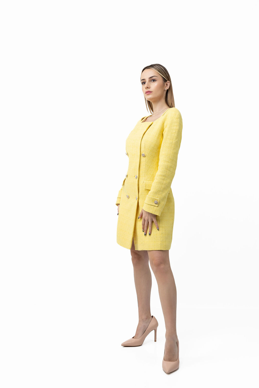 Abito elegante in bouclé giallo Abito elegante in bouclé giallo