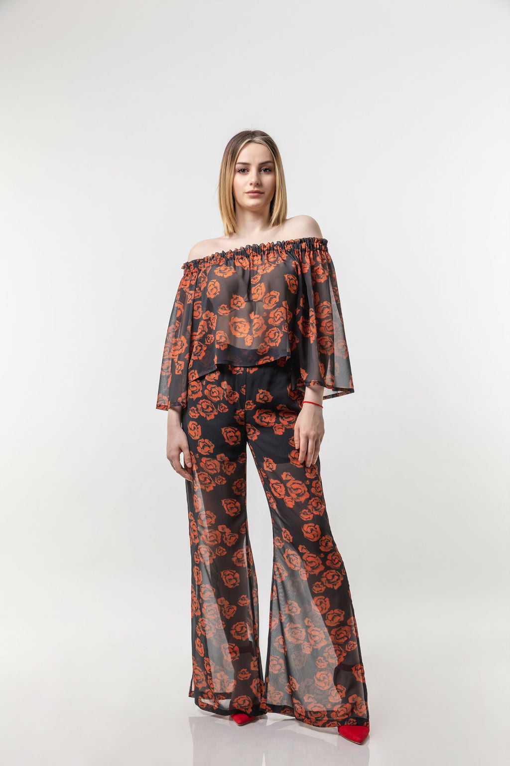 Chiffon pants black mesh with roses Chiffon pants black mesh with roses