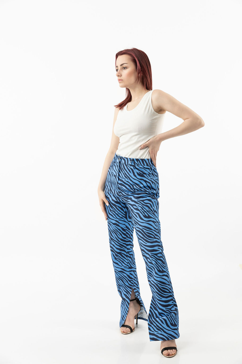Pants in a blue zebra print with leg openings Pants in a blue zebra print with leg openings
