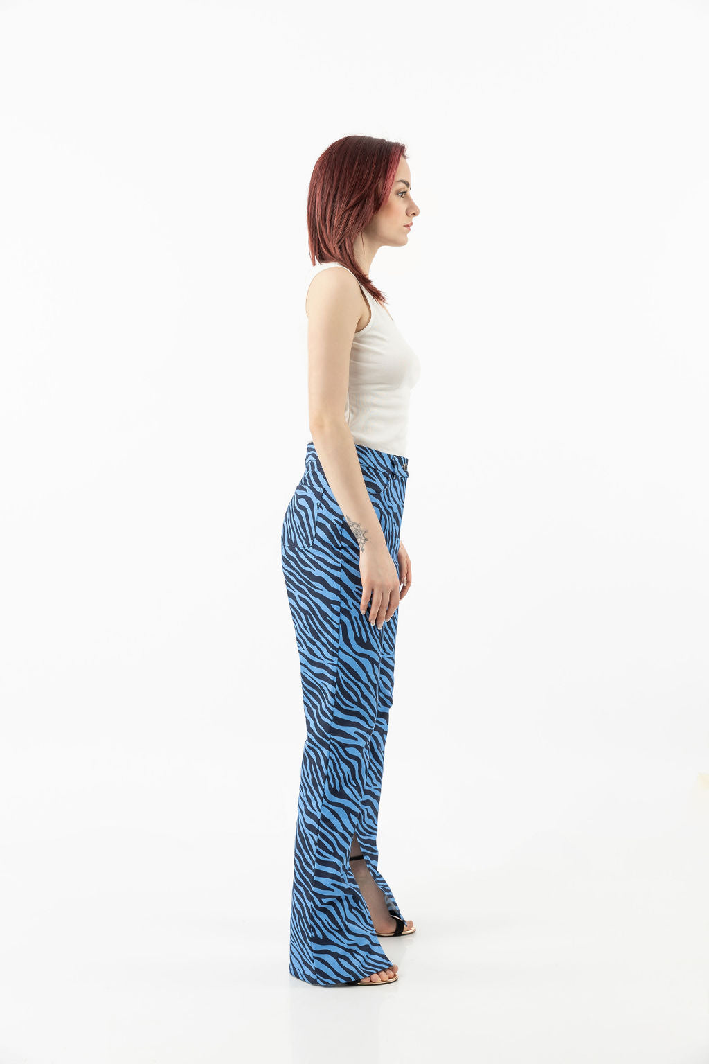 Pants in a blue zebra print with leg openings Pants in a blue zebra print with leg openings