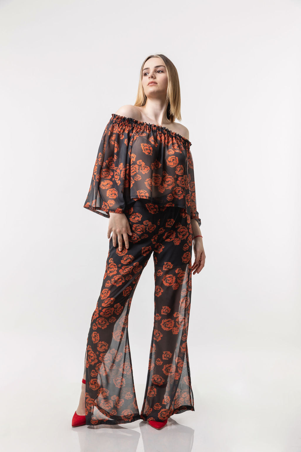 Chiffon pants black mesh with roses Chiffon pants black mesh with roses