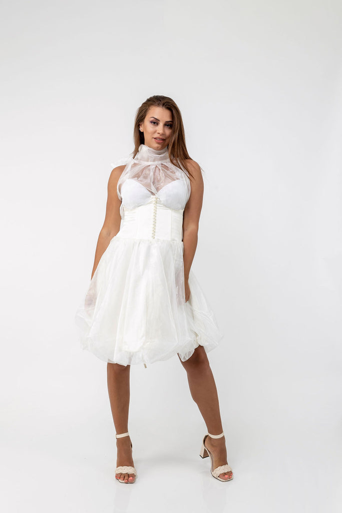 White Balloon Dress with Pearl Bustier | Silvy Rowson