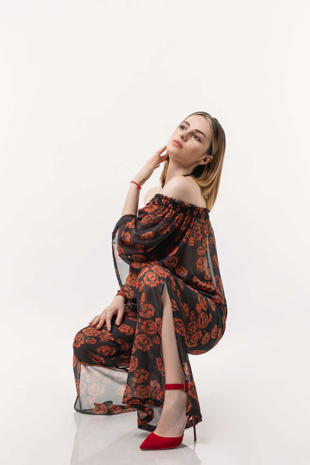 Chiffon pants black mesh with roses Chiffon pants black mesh with roses