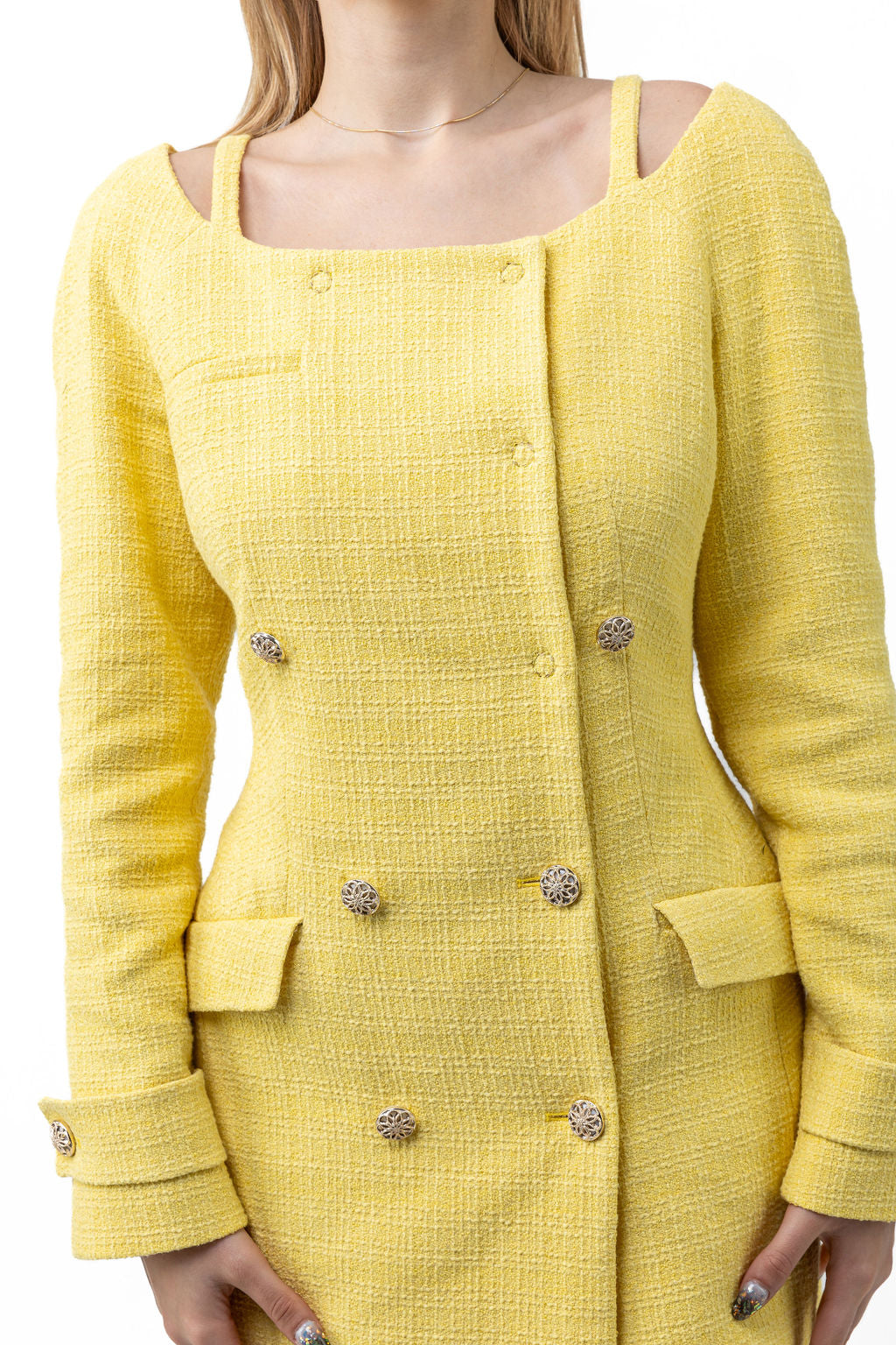 Abito elegante in bouclé giallo Abito elegante in bouclé giallo