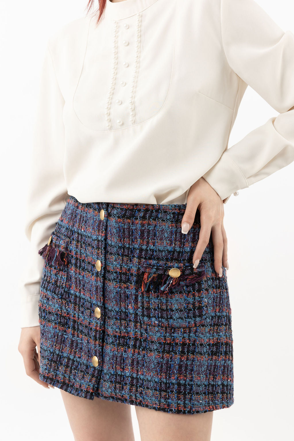 Trapeze skirt in blue boucle Trapeze skirt in blue boucle