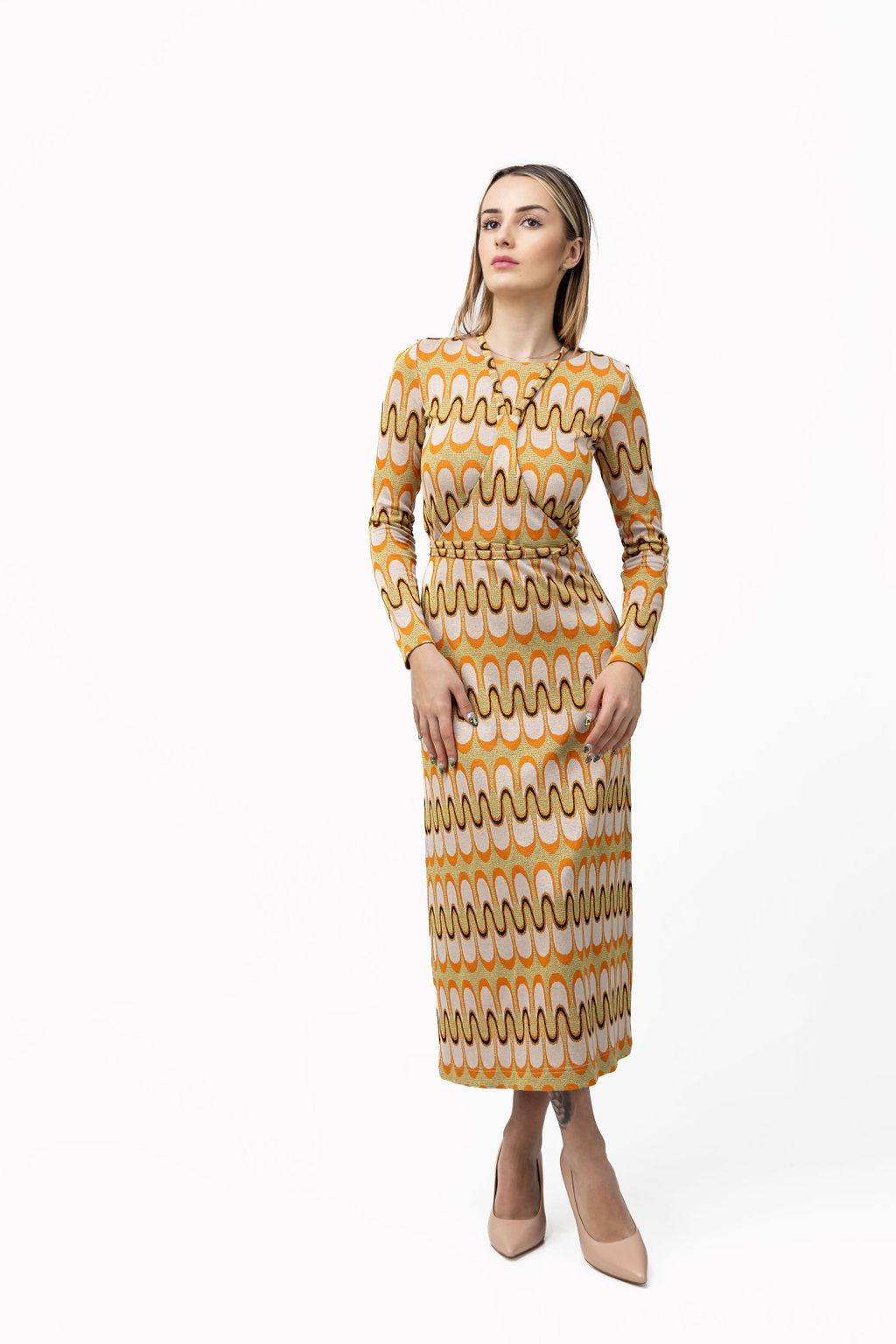 Dress-skirt in orange and gold tricot Dress-skirt in orange and gold tricot