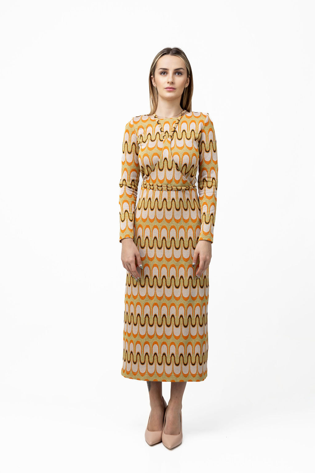 Dress-skirt in orange and gold tricot Dress-skirt in orange and gold tricot
