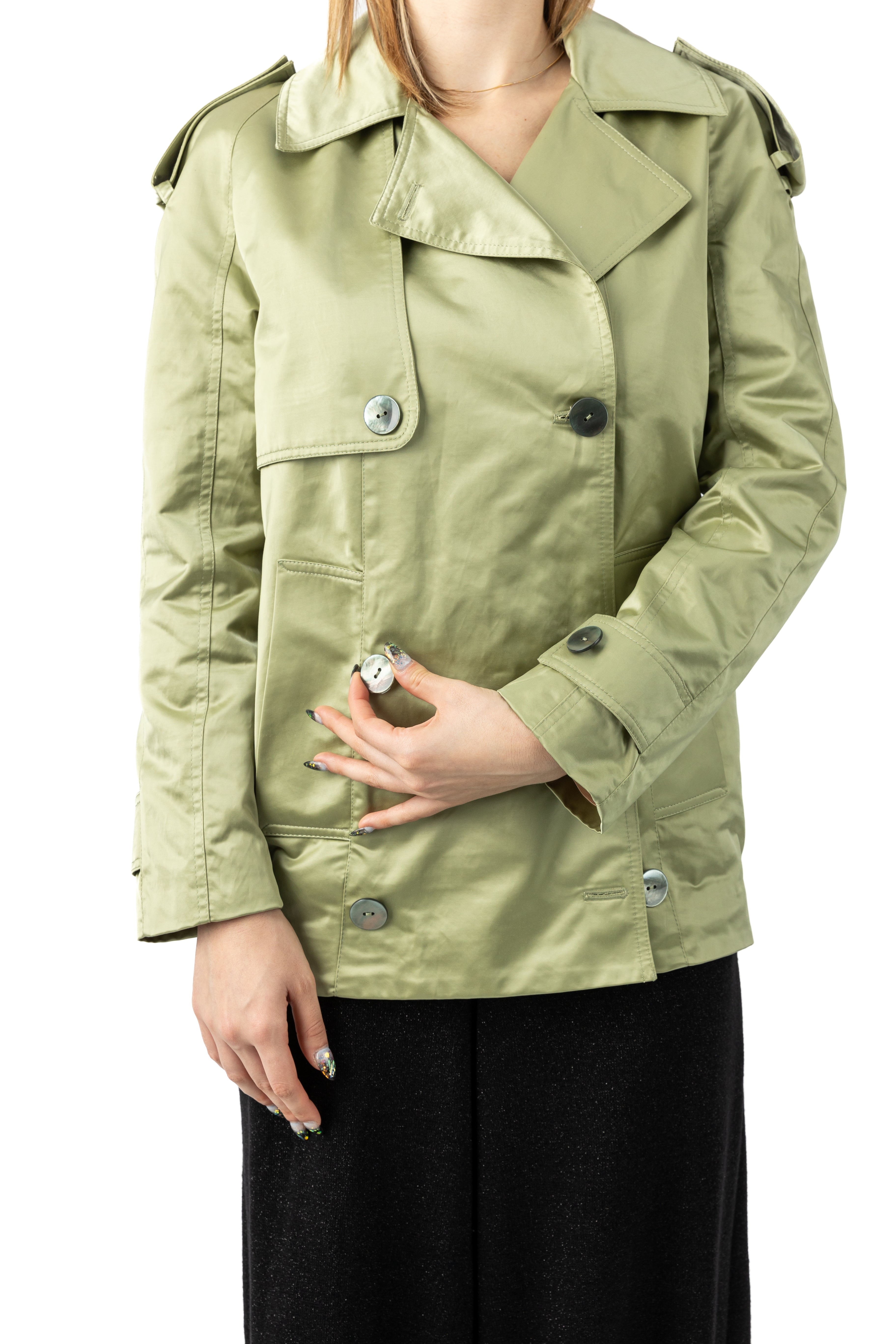 Raincoat with a short-length in Green satin Raincoat with a short-length in Green satin