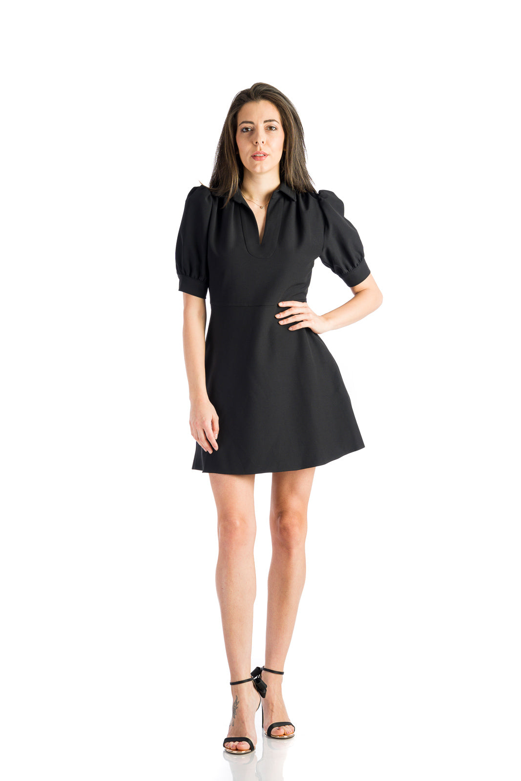Black dress with short buff sleeves Black dress with short buff sleeves – Front view – Silvy Rowson