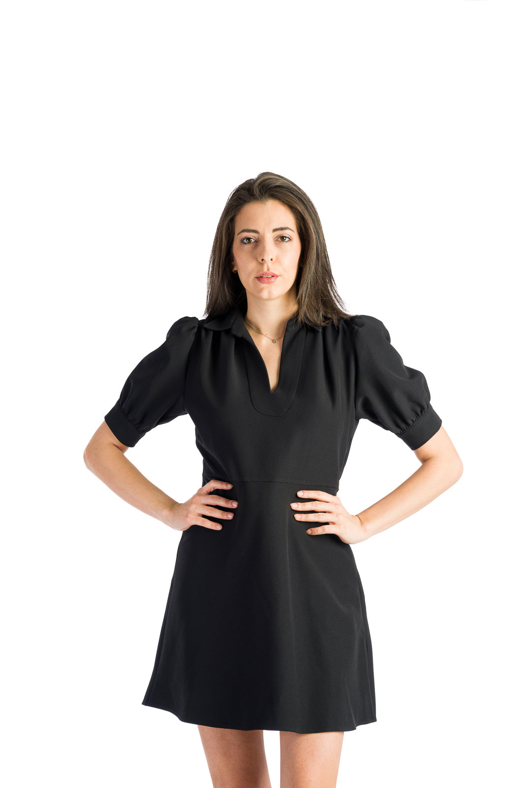 Black dress with short buff sleeves Black dress with short buff sleeves – Detail close-up – Silvy Rowson