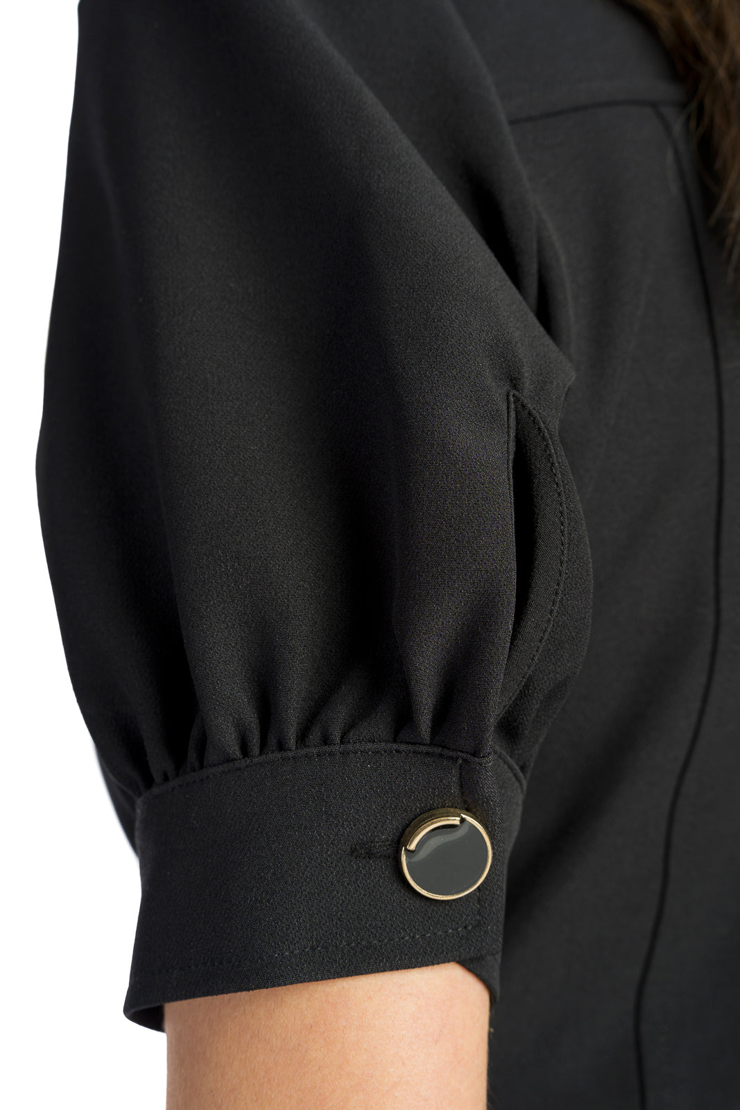 Black dress with short buff sleeves Black dress with short buff sleeves – Alternate angle – Silvy Rowson
