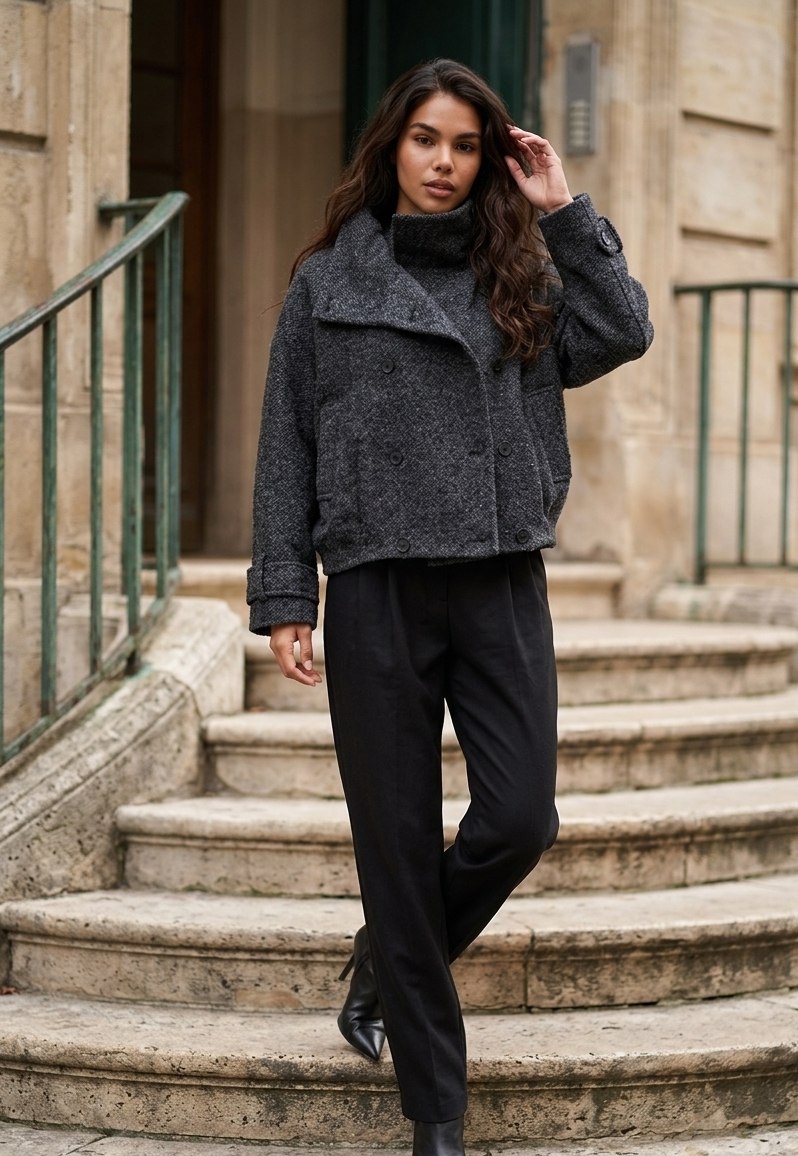 Grey Bouclé Wool Coat A woman wearing a dark gray textured cropped jacket and black trousers walks down stone steps outdoors.