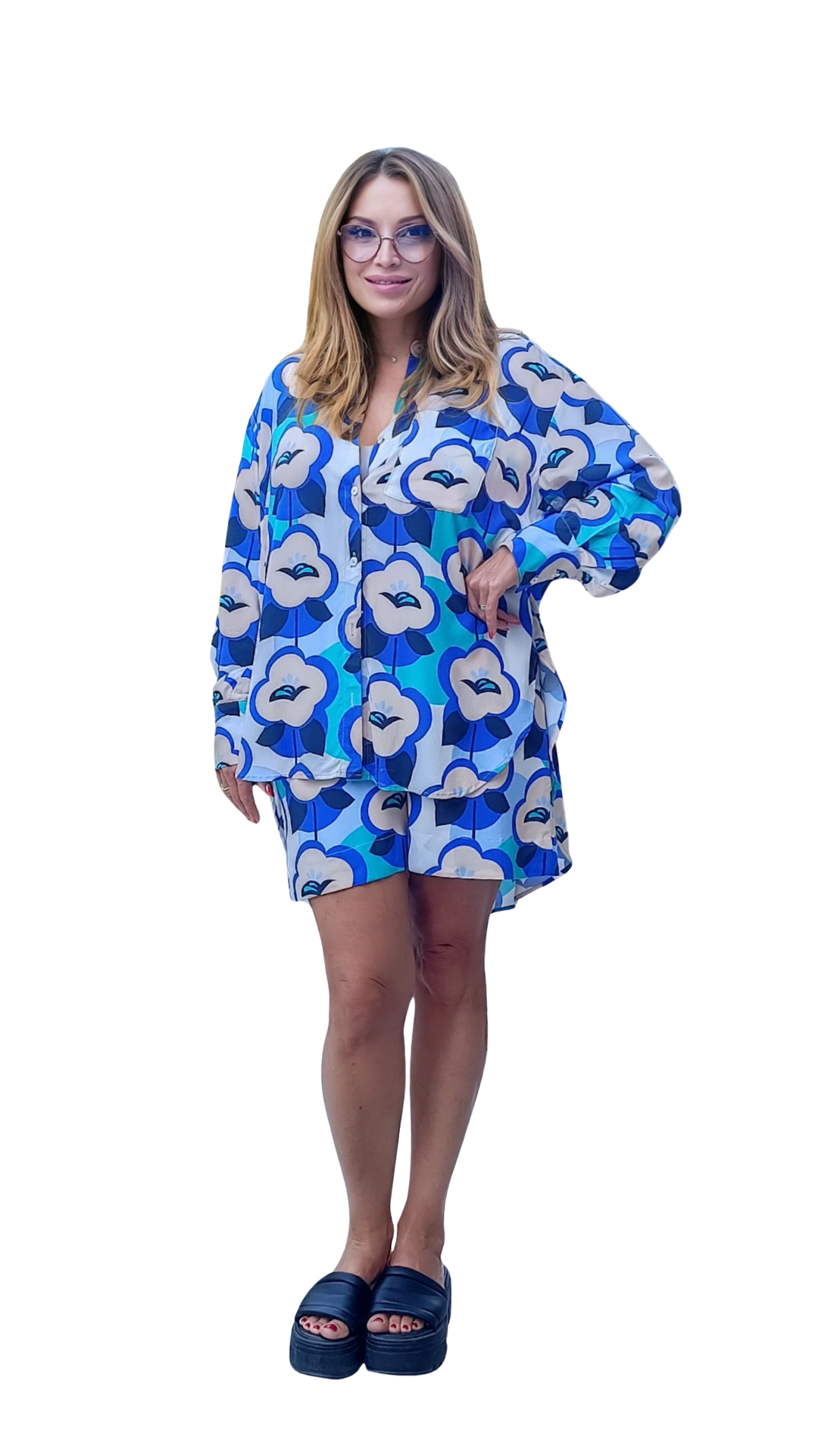 Blue Floral Print Viscose Shorts Blue Floral Print Viscose Shorts