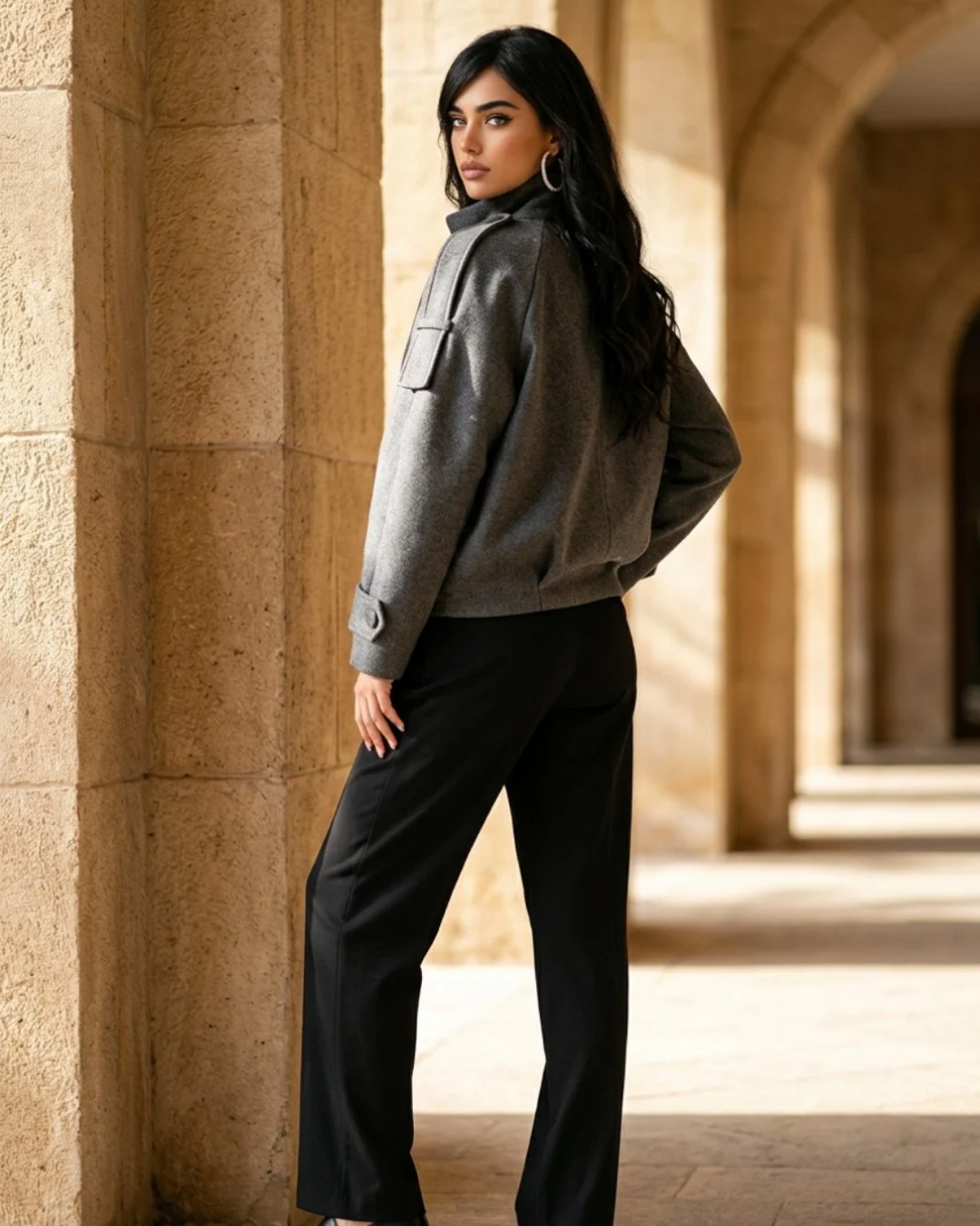 Grey Double-Breasted Short Wool Coat A woman stands in a sunlit stone corridor wearing a gray cropped jacket with flap chest pockets and black wide-leg trousers.