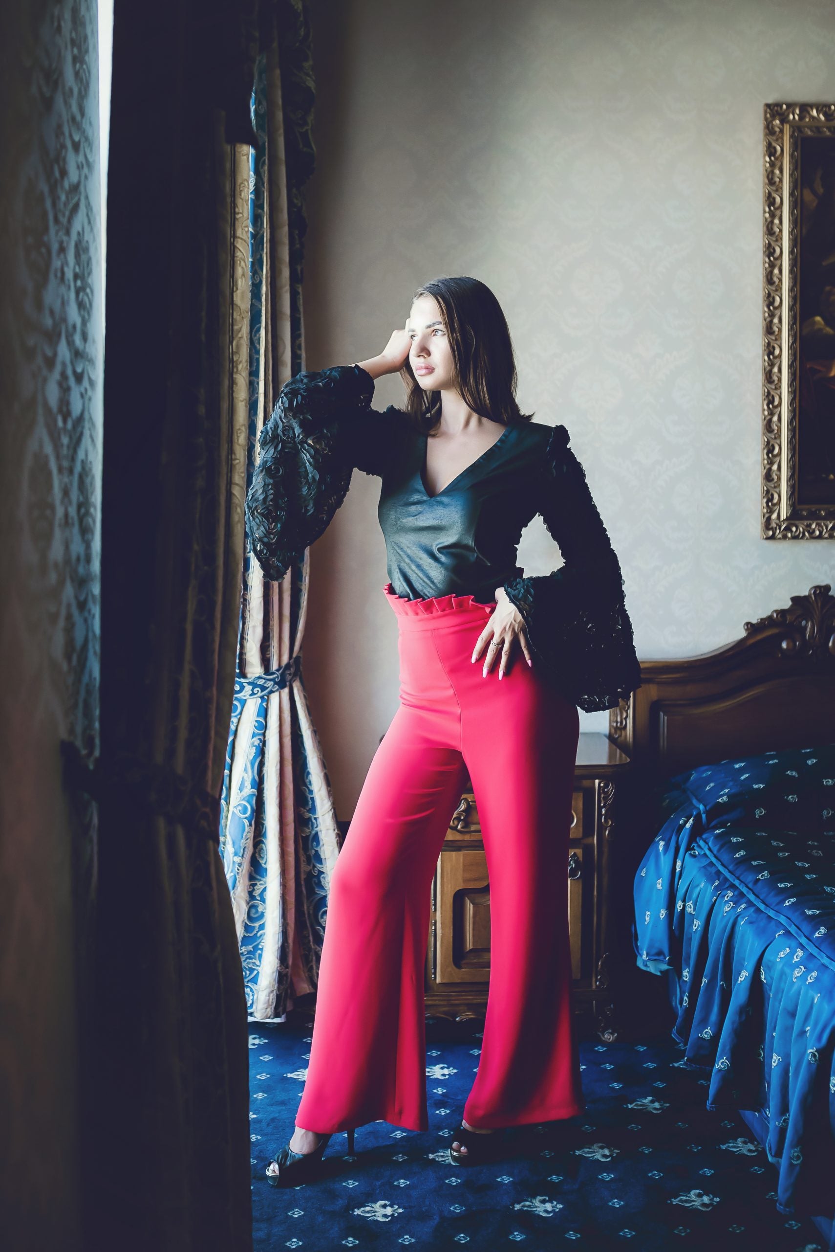 Raspberry Flared Trousers With Pleated Belt Raspberry Flared Trousers With Pleated Belt