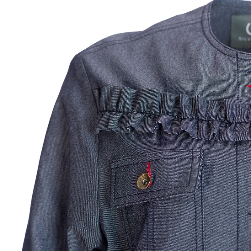 Giubbino corto con arricciatura sul davanti in colore blu scuro Giubbino corto con arricciatura sul davanti in colore blu scuro