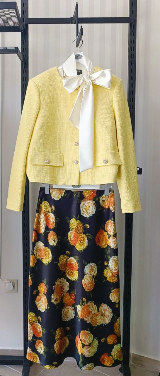 Saten Bias Cut Skirt with Floral Print-yellow Saten Bias Cut Skirt with Floral Print-yellow