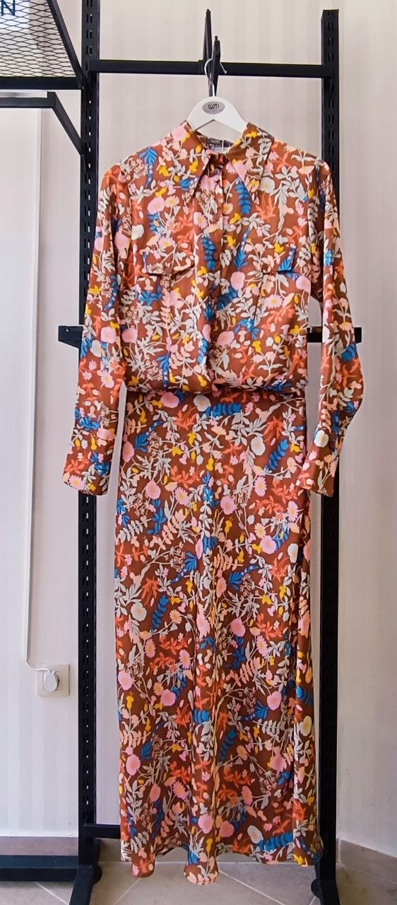 Saten Bias Cut Skirt with Floral Print-brown Saten Bias Cut Skirt with Floral Print-brown