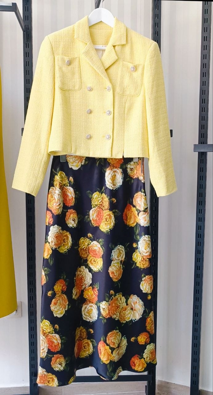 Saten Bias Cut Skirt with Floral Print-yellow Saten Bias Cut Skirt with Floral Print-yellow