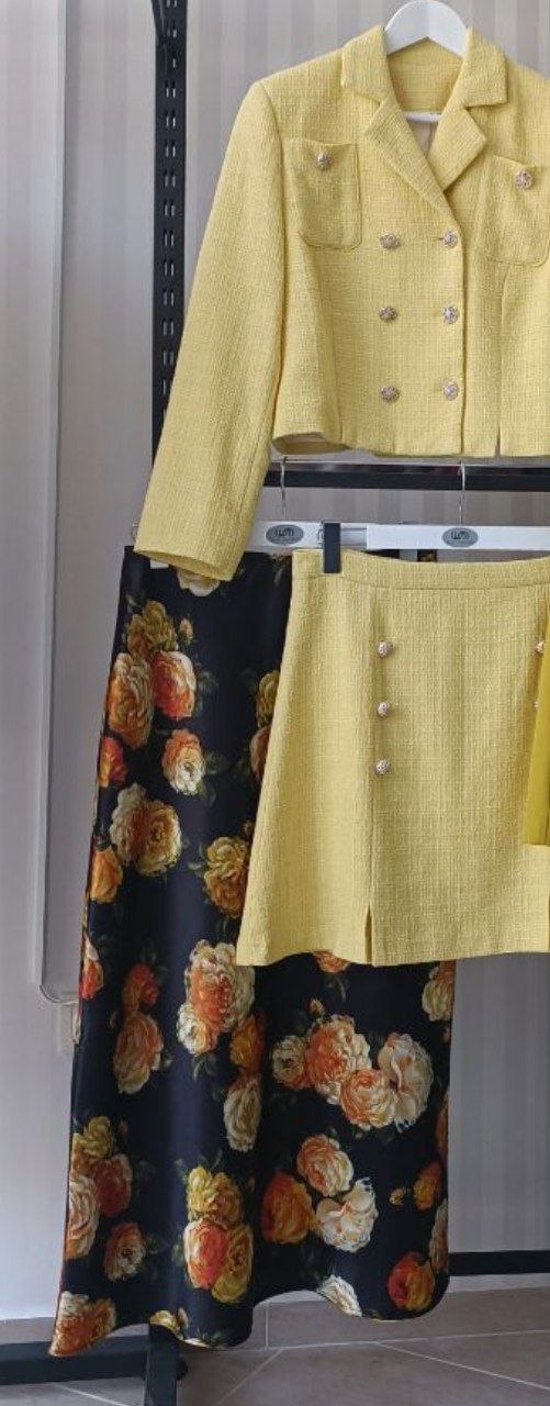 Saten Bias Cut Skirt with Floral Print-yellow Saten Bias Cut Skirt with Floral Print-yellow