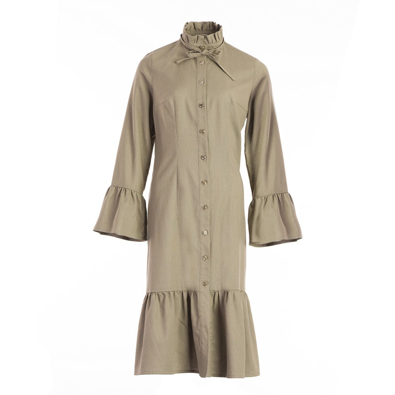 Shirt dress with a ruffle in green linen Shirt dress with a ruffle in green linen