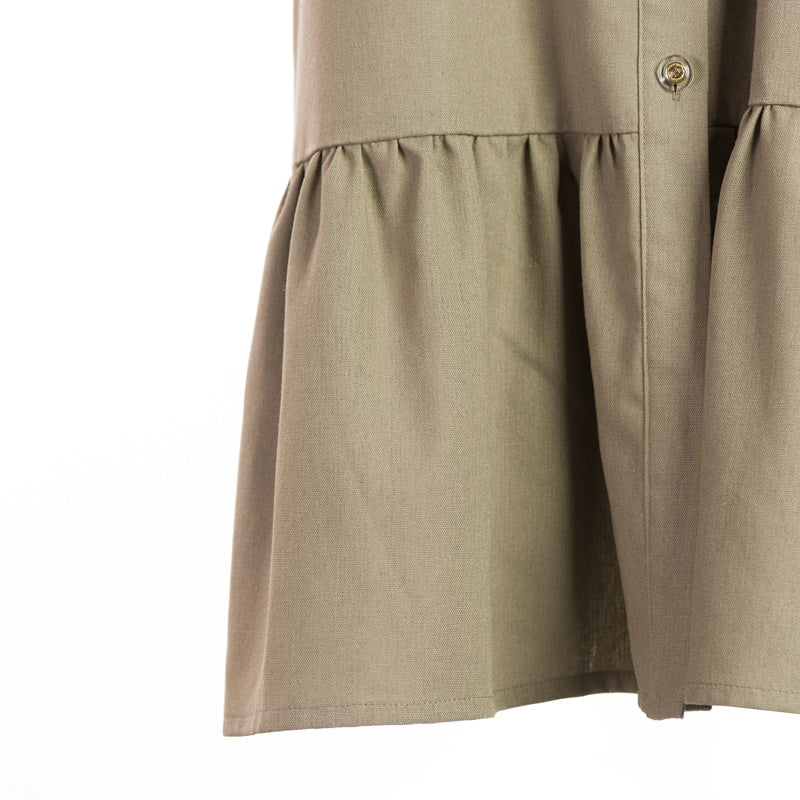 Shirt dress with a ruffle in green linen Shirt dress with a ruffle in green linen