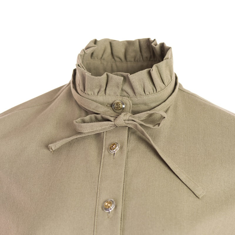 Shirt dress with a ruffle in green linen Shirt dress with a ruffle in green linen