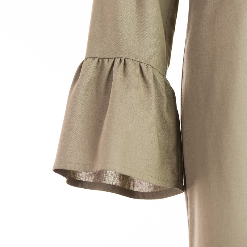 Shirt dress with a ruffle in green linen Shirt dress with a ruffle in green linen