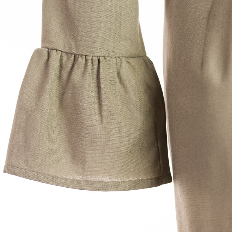 Shirt dress with a ruffle in green linen Shirt dress with a ruffle in green linen