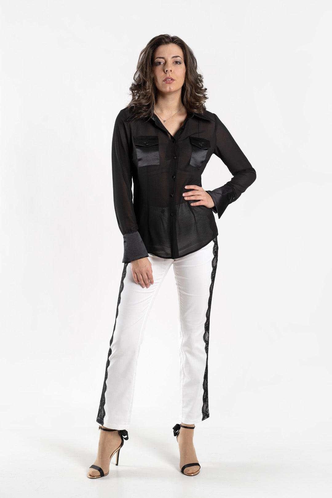 Straight trousers with black lace edging Straight trousers with black lace edging