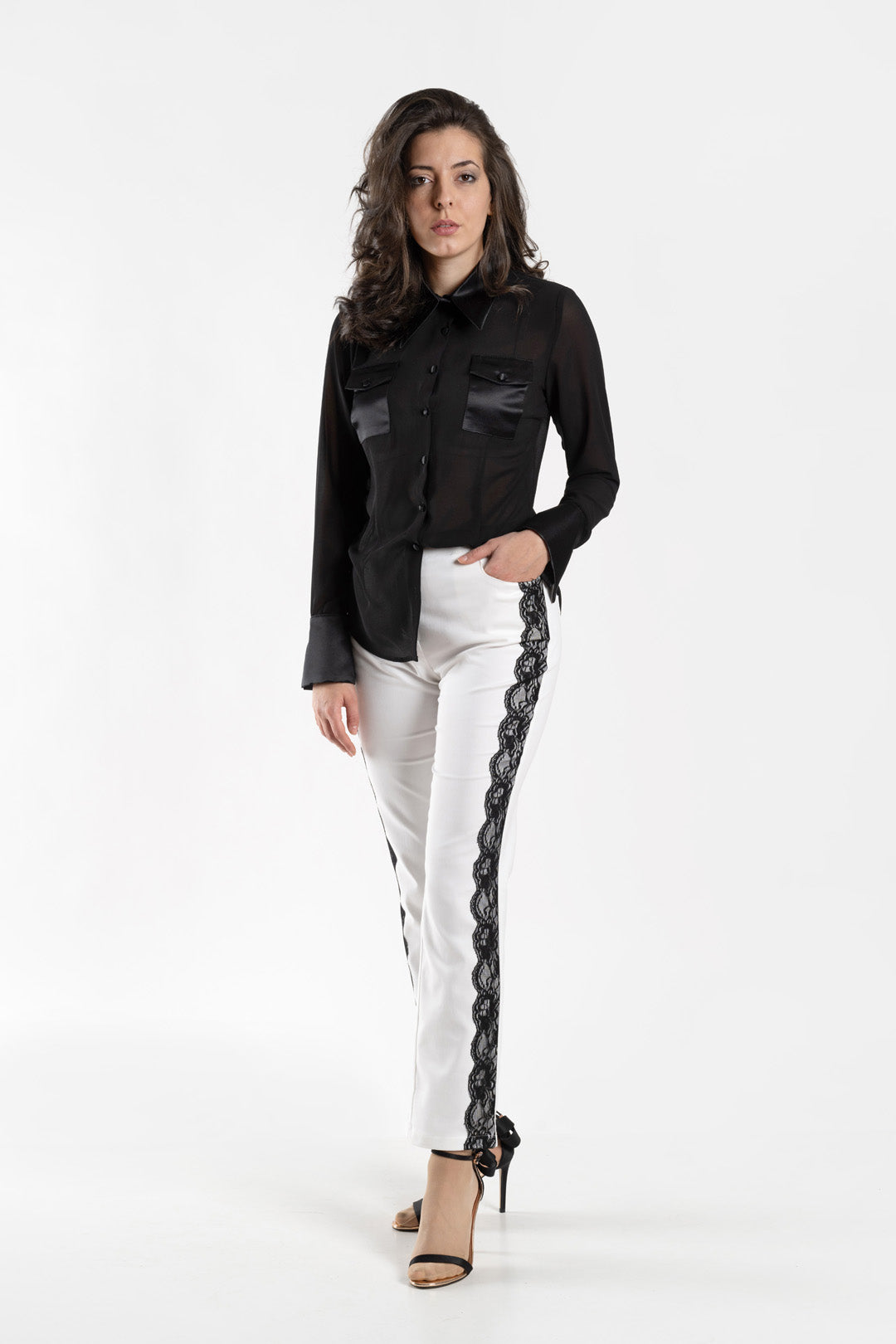 Straight trousers with black lace edging Straight trousers with black lace edging