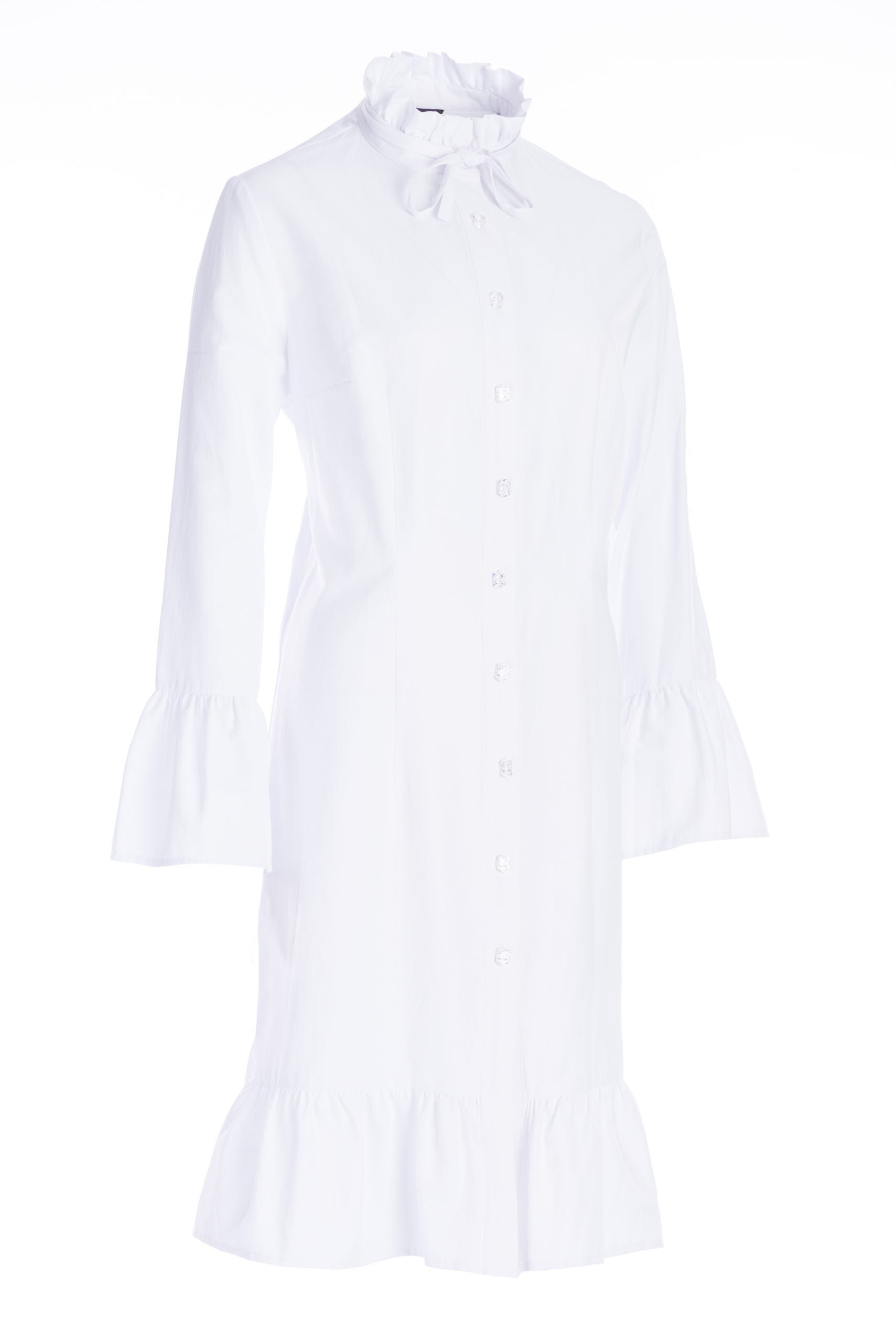 Shirt-dress in white poplin with retro ruffles Shirt-dress in white poplin with retro ruffles