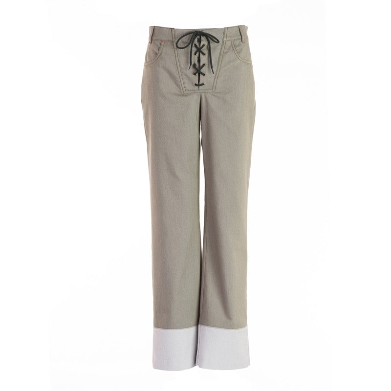 Straight trousers with wide hem and bustier fastening Straight trousers with wide hem and bustier fastening