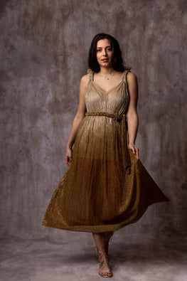 Gold Greek Style Dress – Front view – Silvy Rowson