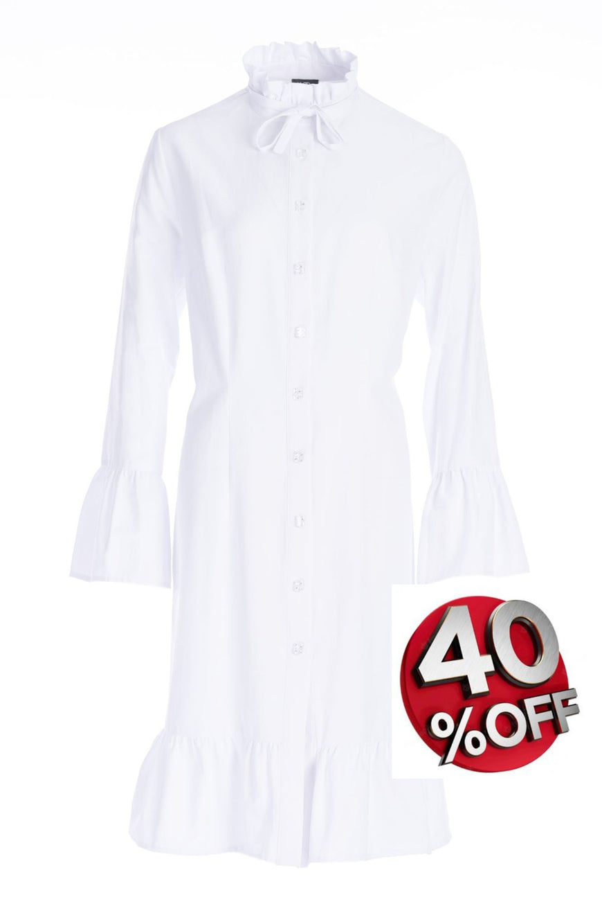 Shirt-dress in white poplin with retro ruffles