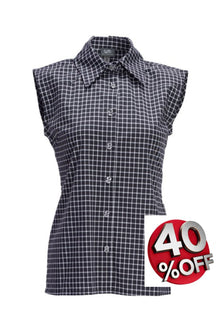 Women sleeveless shirt in black, with fine white plaid