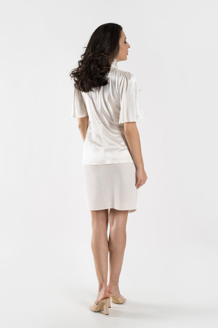 Satin blouse short sleeves with a ribbon