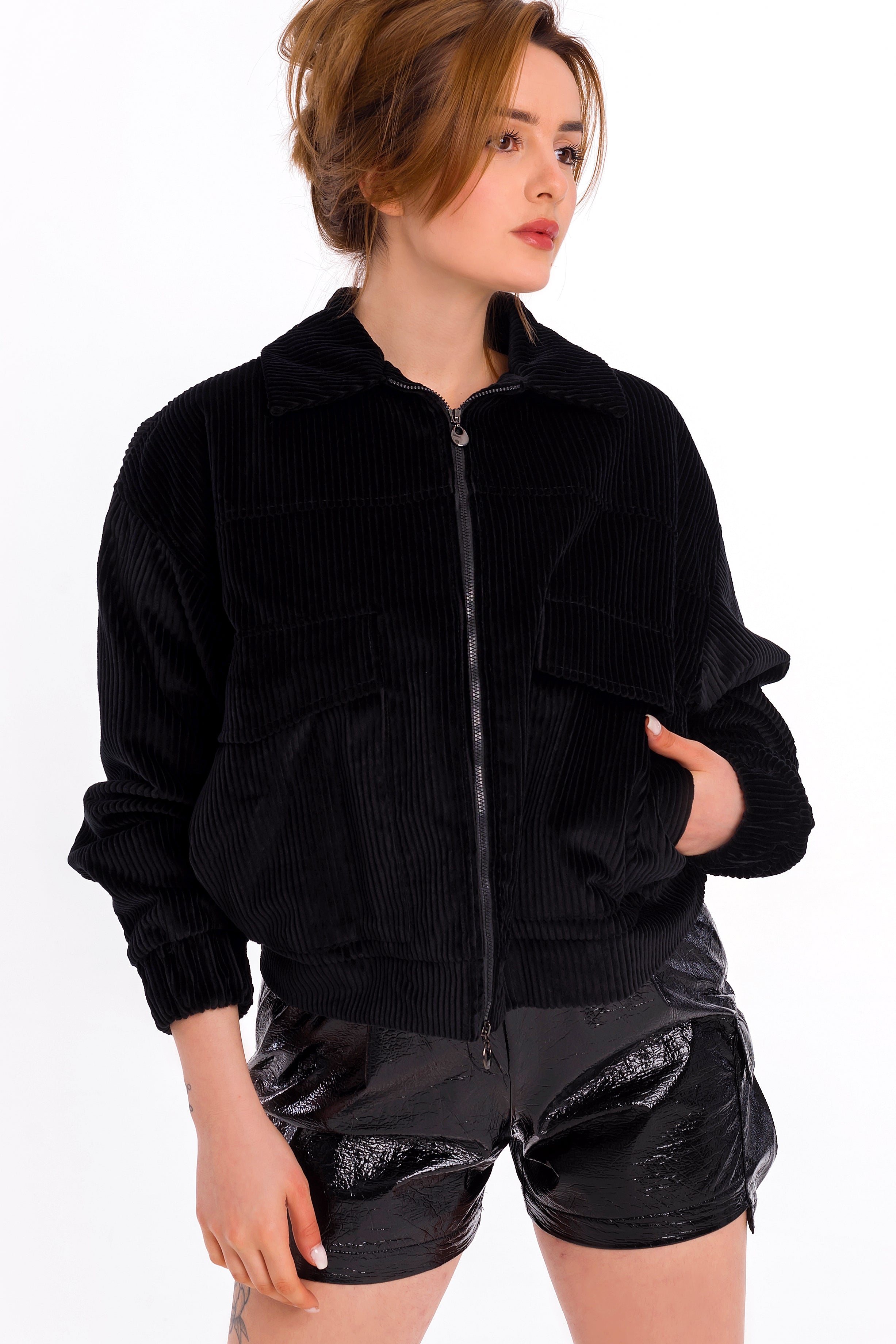 Velvet ribbed jacket in black