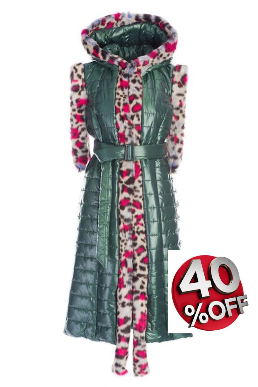 Sleeveless knee-long Jacket in green, accomplished with eco leopard print feather