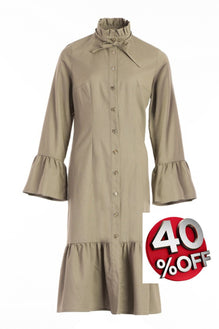 Shirt dress with a ruffle in green linen