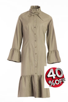 Shirt dress with a ruffle in green linen