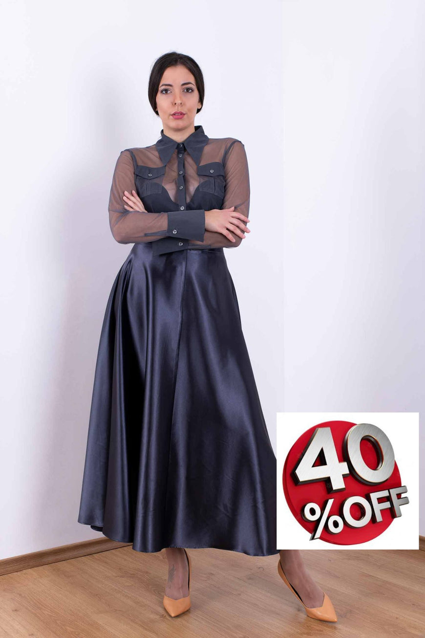 Long cloche skirt in grey satin