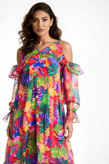 Off-shoulder dress with ruffles in tropic orange